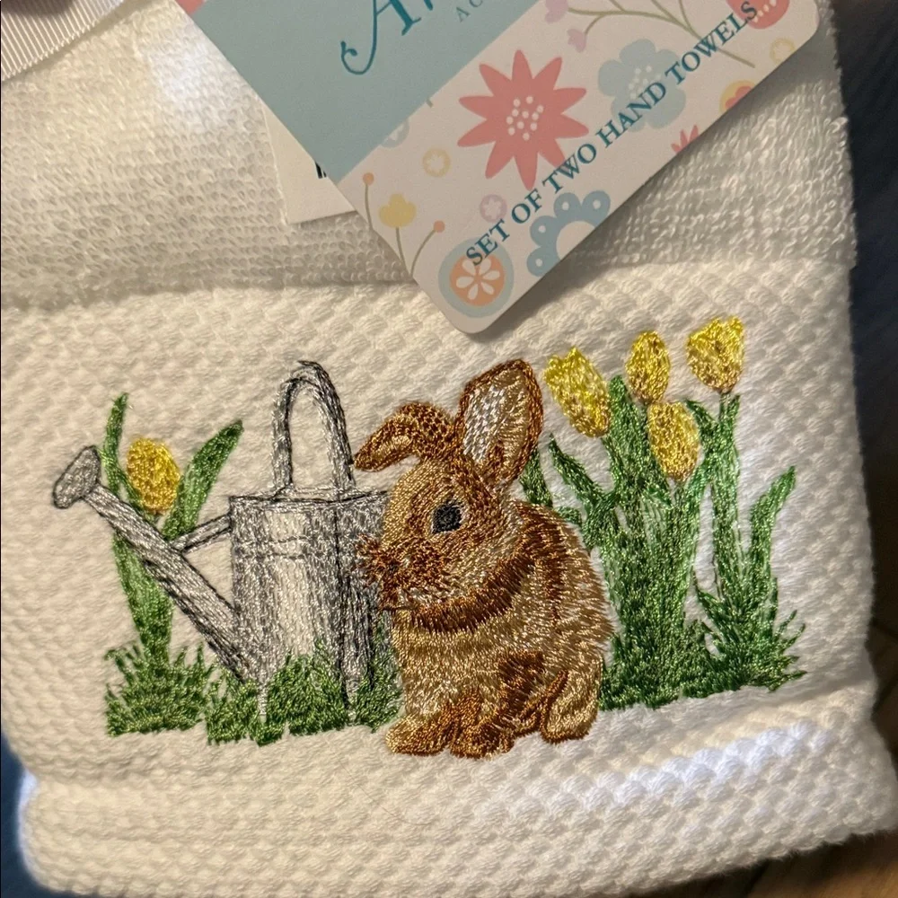 Artistic Accents Embroidered White Hand Towels - Bunny & Watering Can